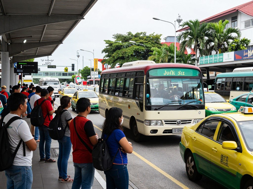 Local bus and taxis at transport terminal in Kota Kinabalu