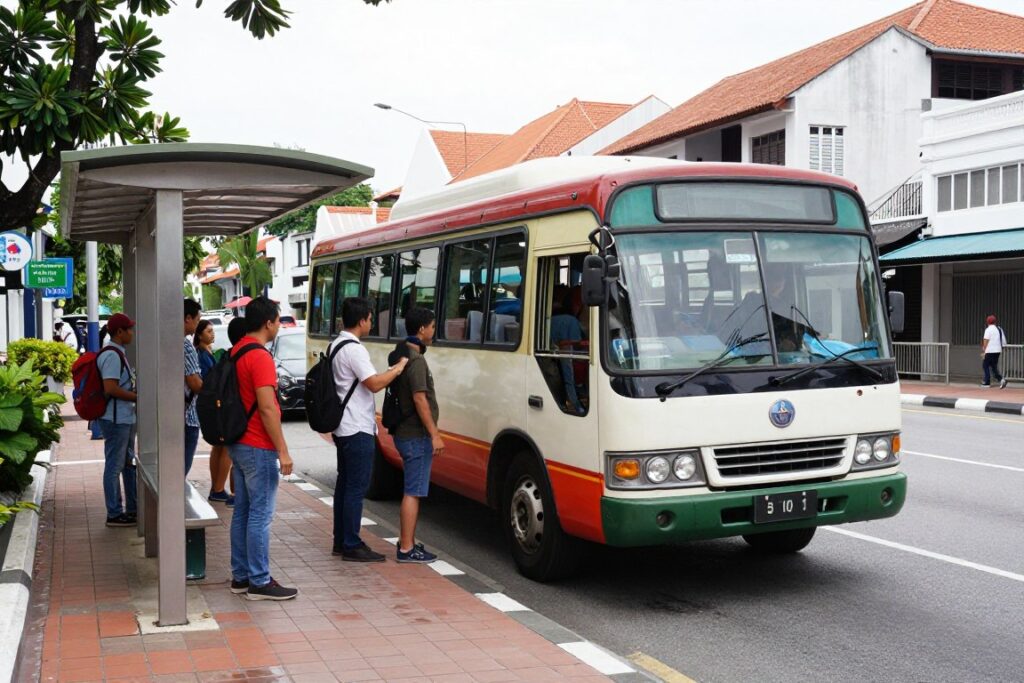 Local bus on Malacca city street with passengers