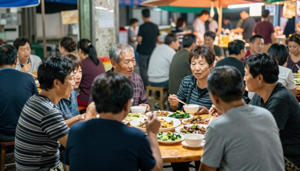 Local families enjoying food together at night market tables Local families enjoying food together at night market tables