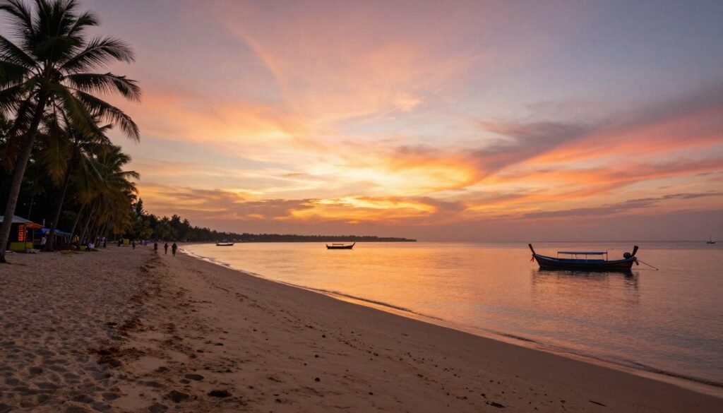 Long Beach Koh Lanta sunset view with palm trees