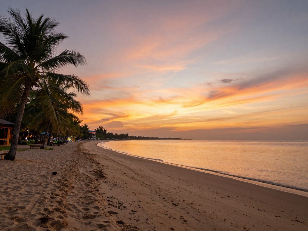Long Beach Phu Quoc with golden sunset and palm trees Long Beach Phu Quoc with golden sunset and palm trees