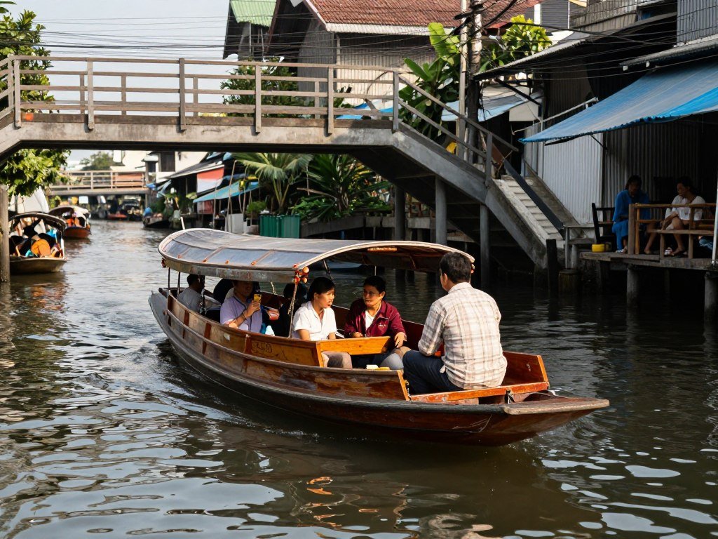 Long narrow commuter boat on Bangkok canal passing under low bridges