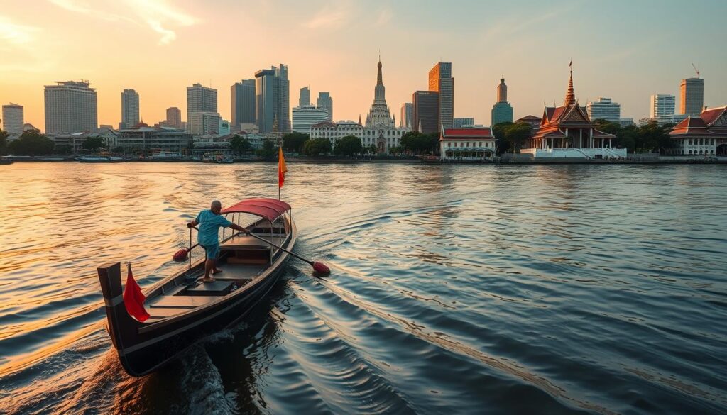 Long-tail boat on the Chao Phraya River with Bangkok skyline - Complete travel guide to Bangkok