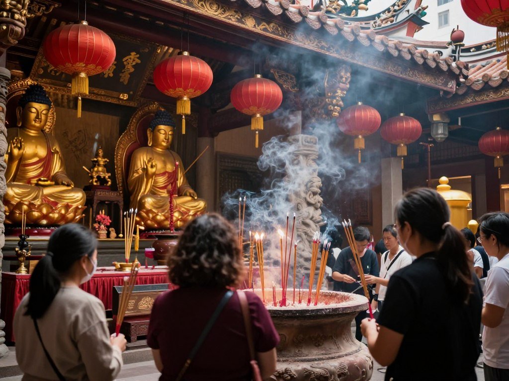 Longshan Temple interior showing worshippers lighting incense and praying Longshan Temple interior showing worshippers lighting incense and praying