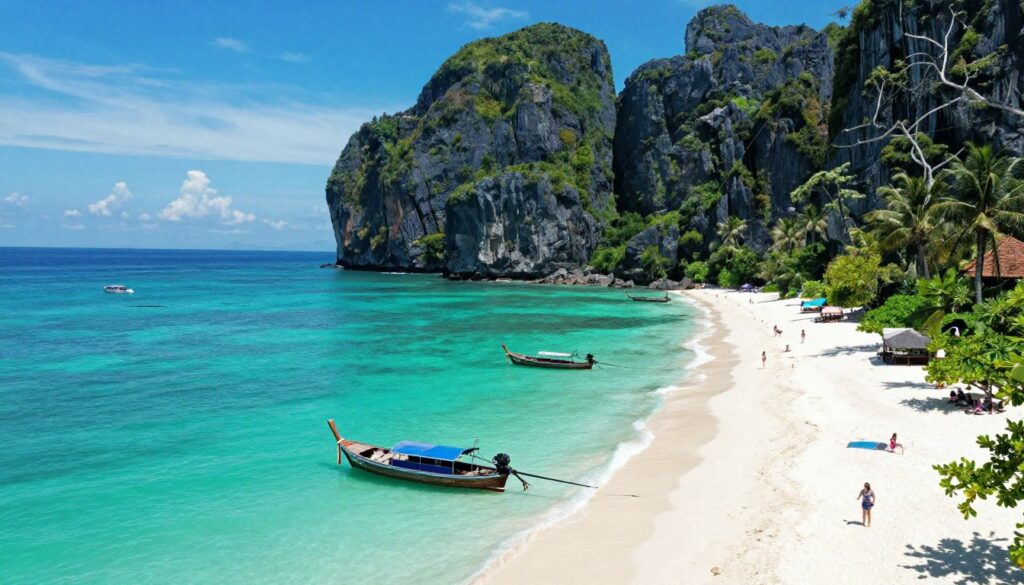 Longtail boats in Maya Bay Phi Phi Islands with limestone cliffs