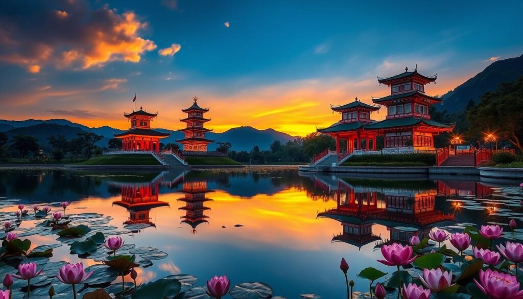 Lotus Pond with Dragon and Tiger Pagodas in Kaohsiung at sunset