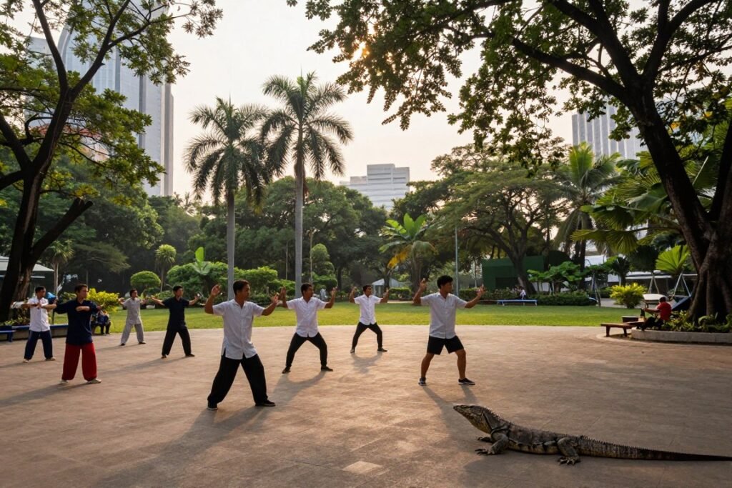 Lumpini Park Bangkok with locals exercising and relaxing