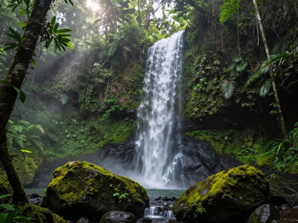 Lush Gold Coast hinterland rainforest with waterfall in national park