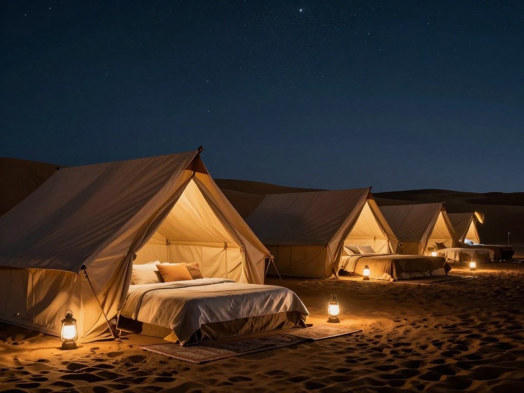 Luxurious overnight desert camping under starlit sky Luxurious overnight desert camping under starlit sky
