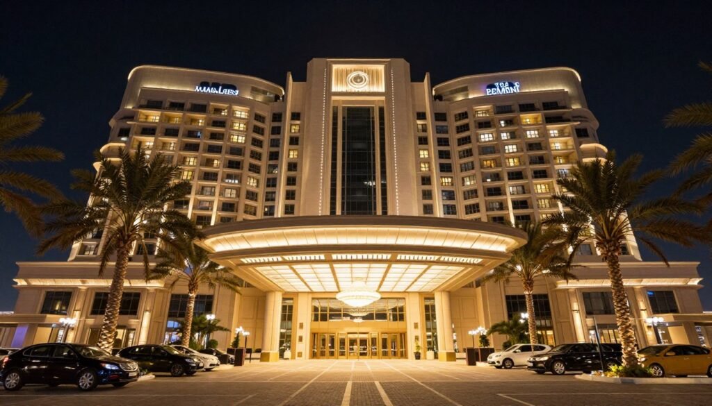 Luxury hotel exterior in Dubai Marina at night Luxury hotel exterior in Dubai Marina at night