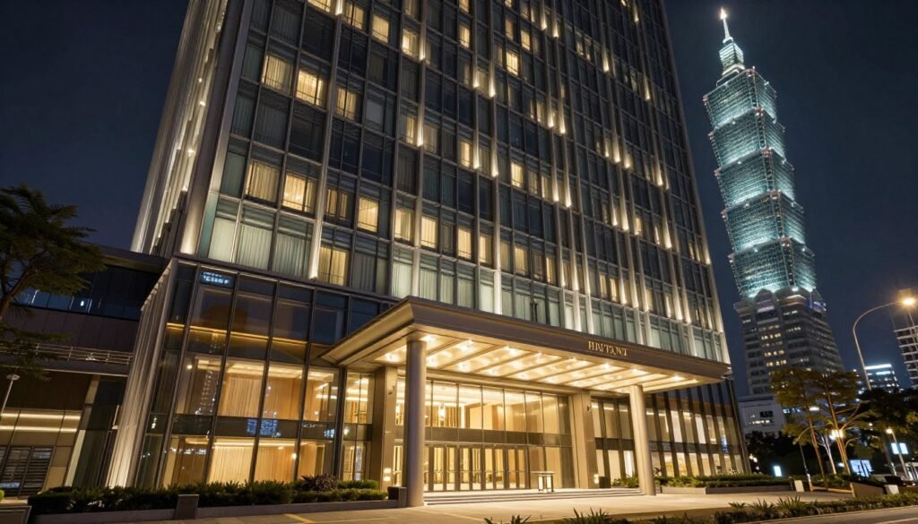 Luxury hotel exterior in Taipei Xinyi district at night Luxury hotel exterior in Taipei Xinyi district at night