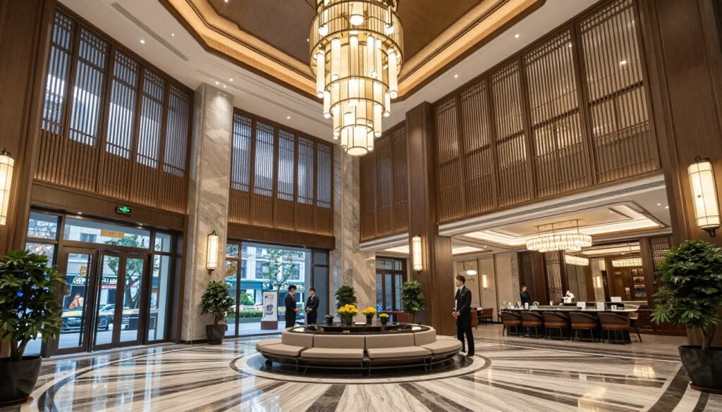 Luxury hotel lobby with traditional Chinese design elements
