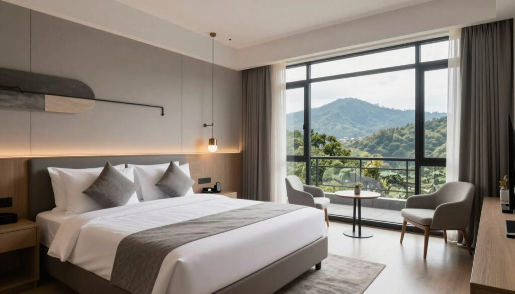 Luxury hotel room in Bandung with mountain view from window