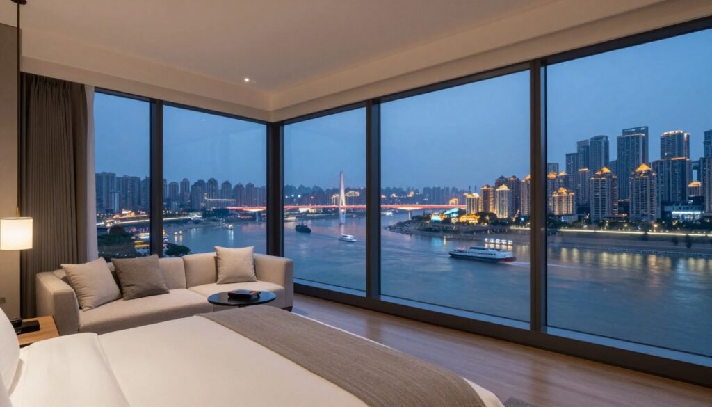 Luxury hotel room in Chongqing with floor-to-ceiling windows overlooking city and river