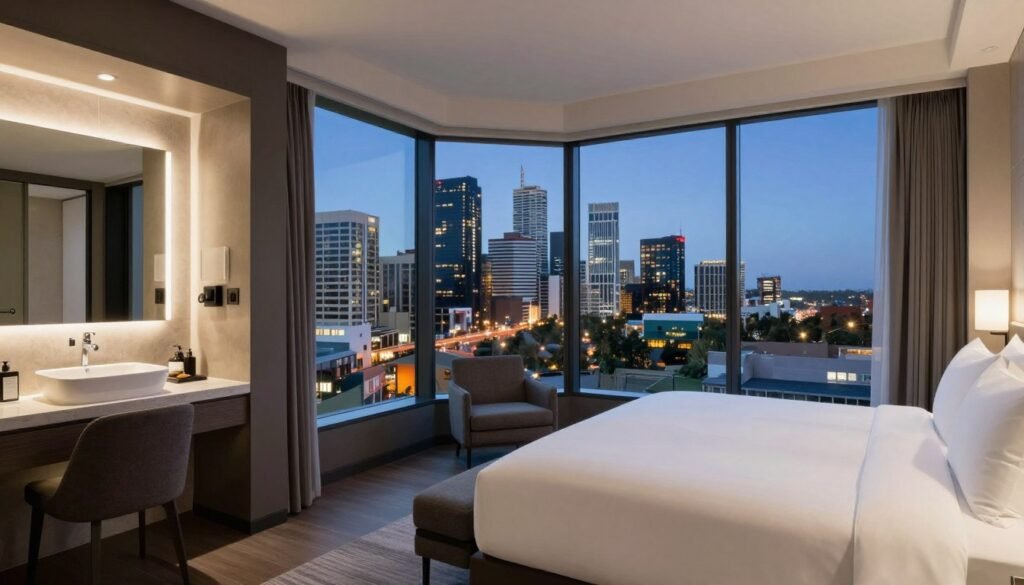Luxury hotel room in Perth with city skyline views through large windows