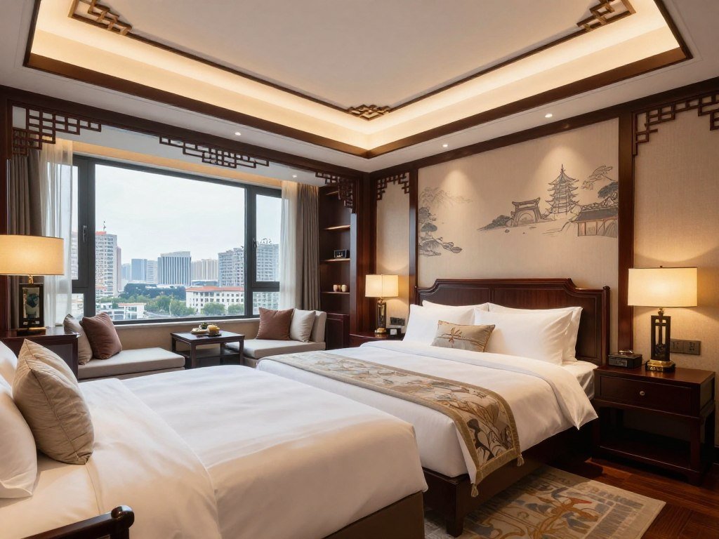 Luxury hotel room in Xi'an with traditional Chinese design elements