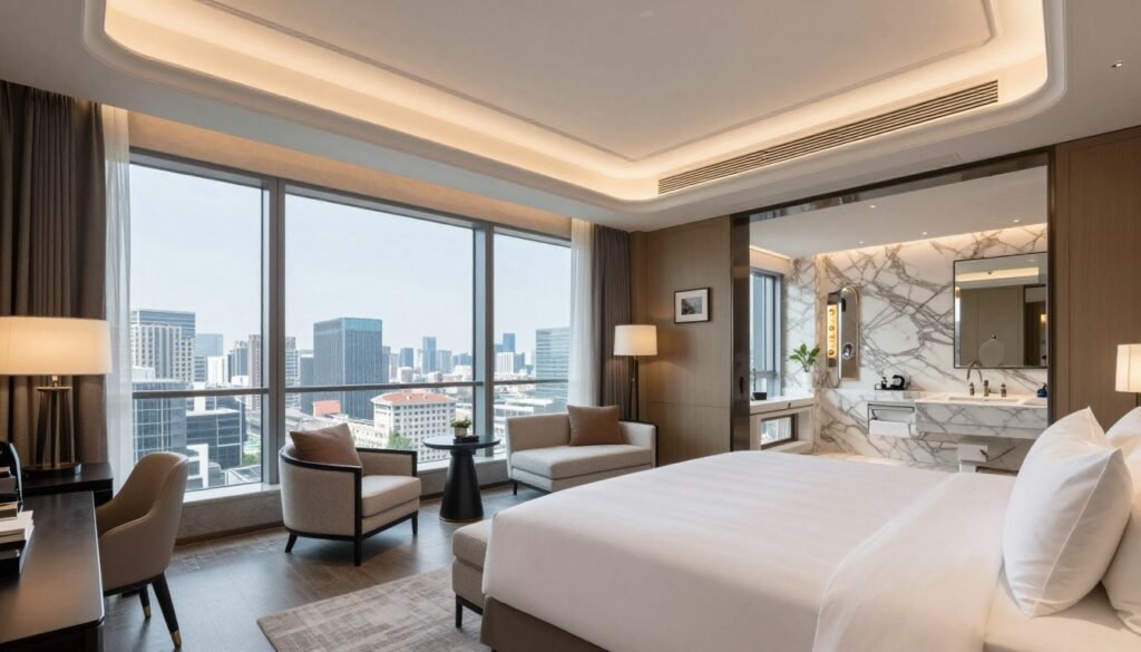 Luxury hotel room interior with city views in Beijing Luxury hotel room interior with city views in Beijing