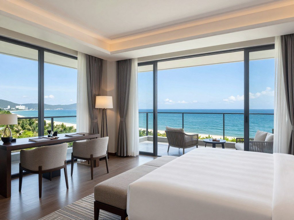 Luxury hotel room with ocean view balcony in Danang
