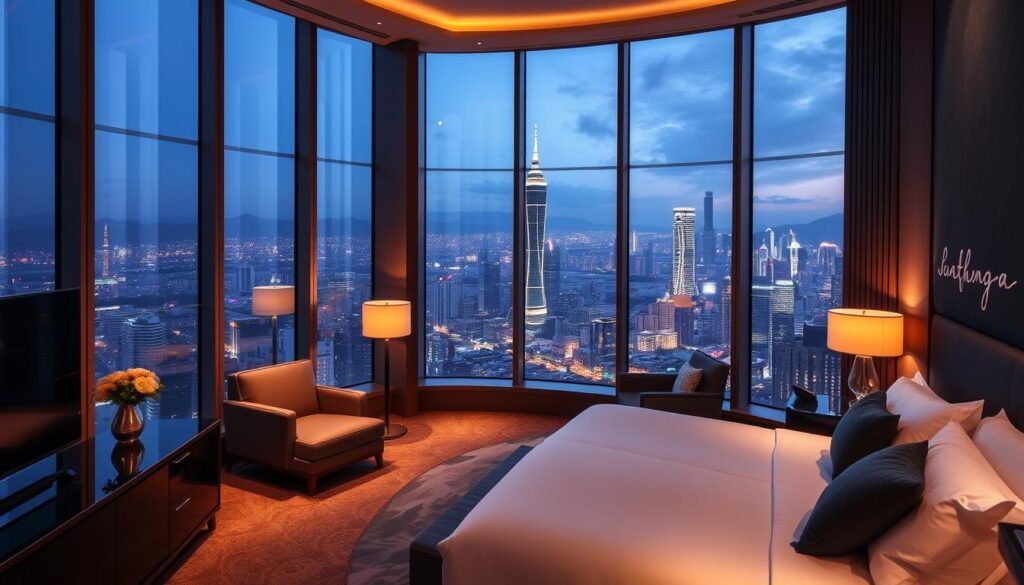 Luxury hotel room with view of Taipei skyline