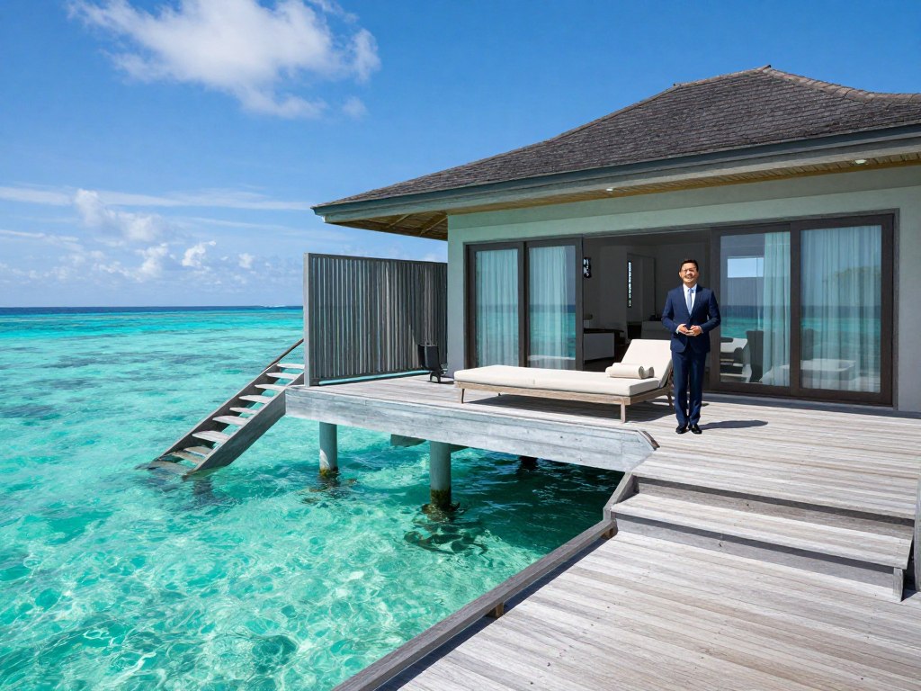 Luxury overwater bungalow at island resort with ocean view deck