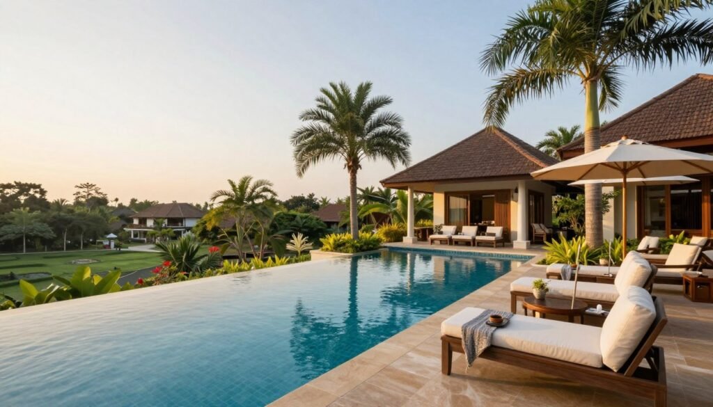 Luxury resort infinity pool overlooking gardens in Siem Reap