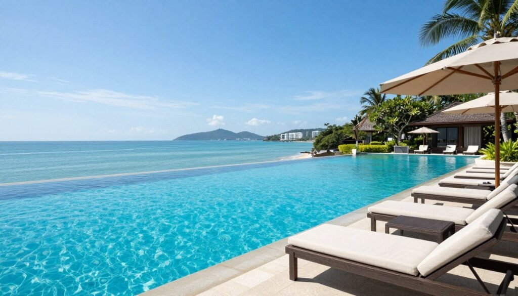 Luxury resort infinity pool overlooking ocean in Koh Samui