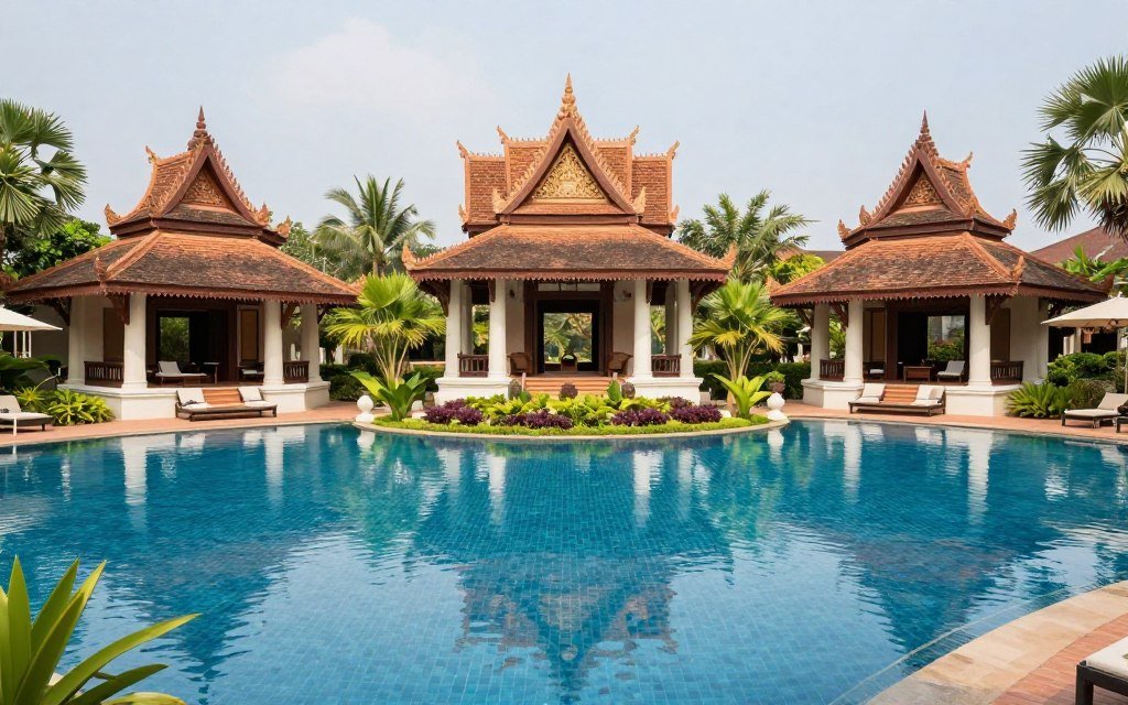 Luxury resort pool and grounds near Angkor temples Luxury resort pool and grounds near Angkor temples
