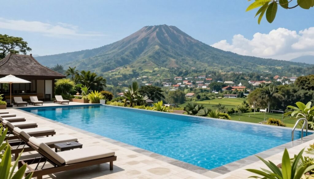 Luxury resort pool overlooking Bandung valley with mountain views
