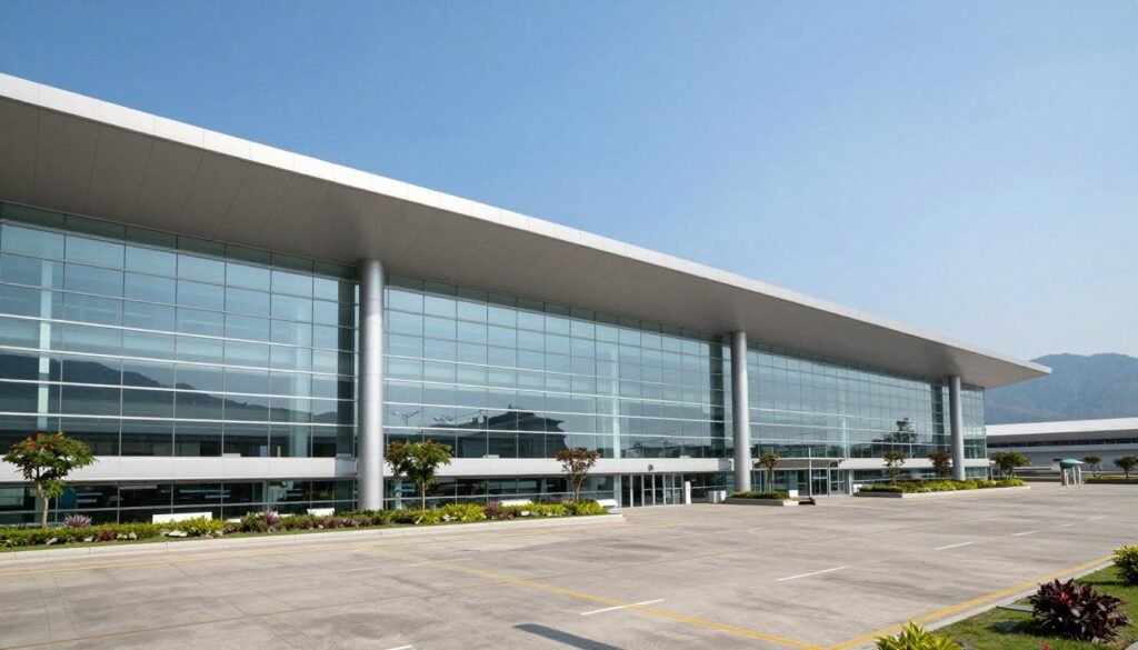 Mae Fah Luang Chiang Rai International Airport modern terminal building with mountain backdrop
