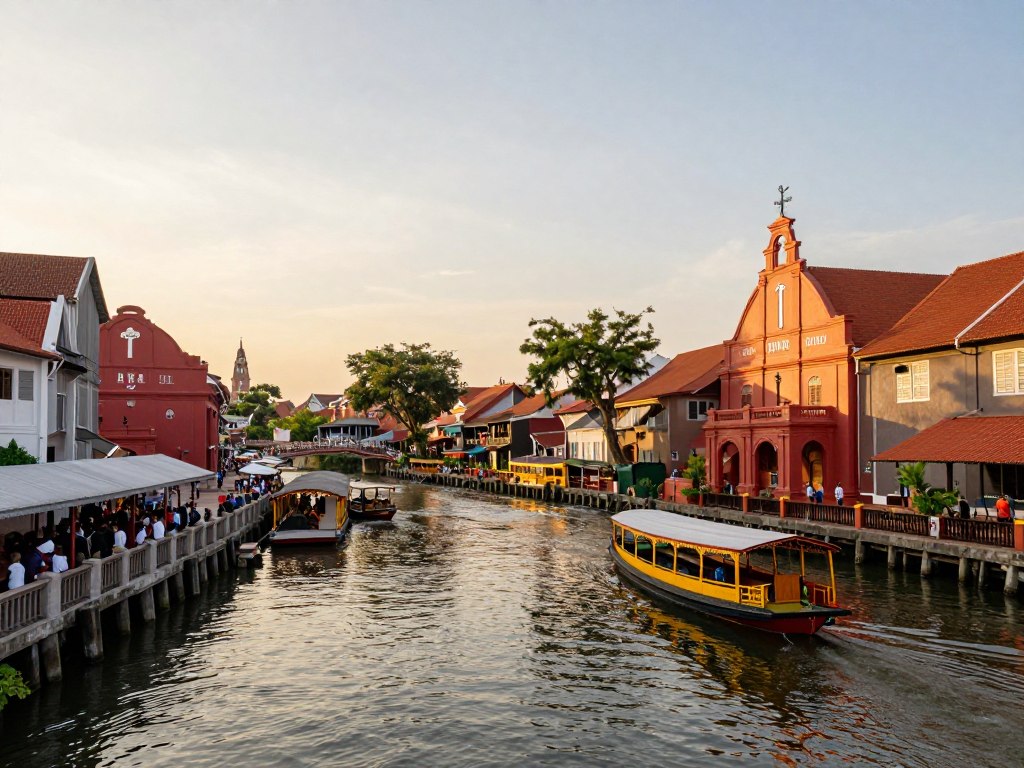 Malacca River with colorful heritage buildings and traditional boats during sunset