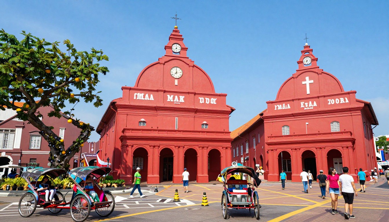 Malacca city center historic Dutch Square with red buildings and Christ Church