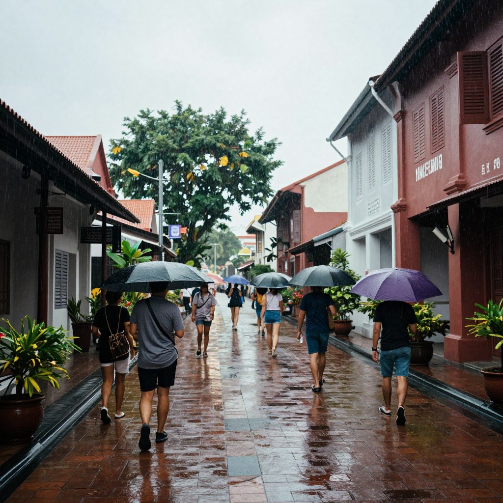 Malacca street during afternoon rain shower