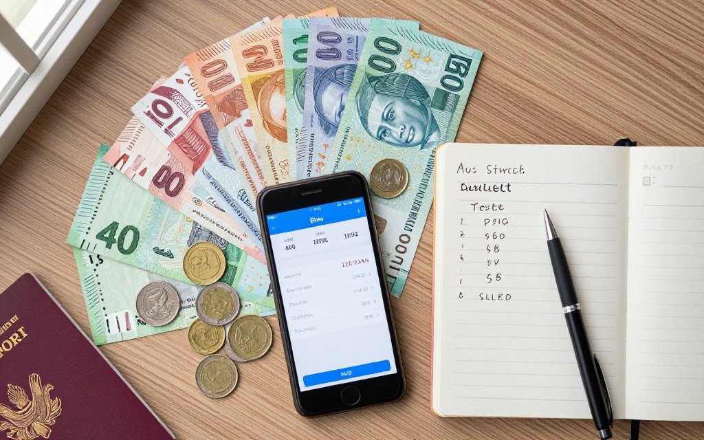 Malaysian ringgit currency notes and coins on table with calculator showing trip budget