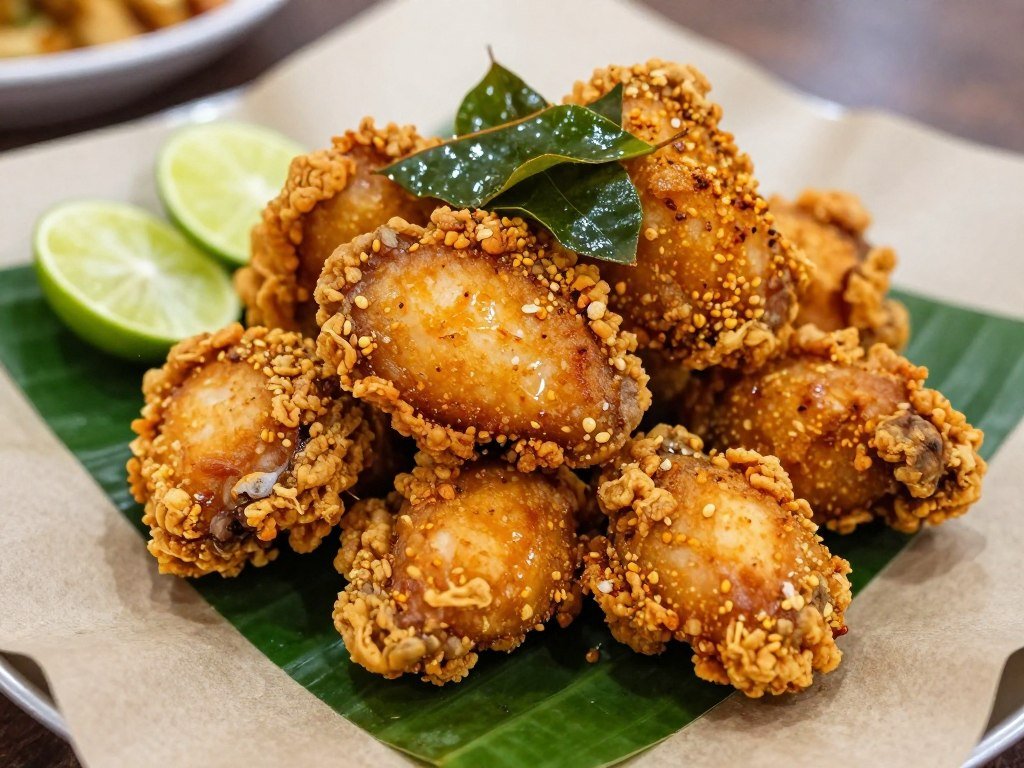 Malaysian spiced fried chicken pieces golden and crispy