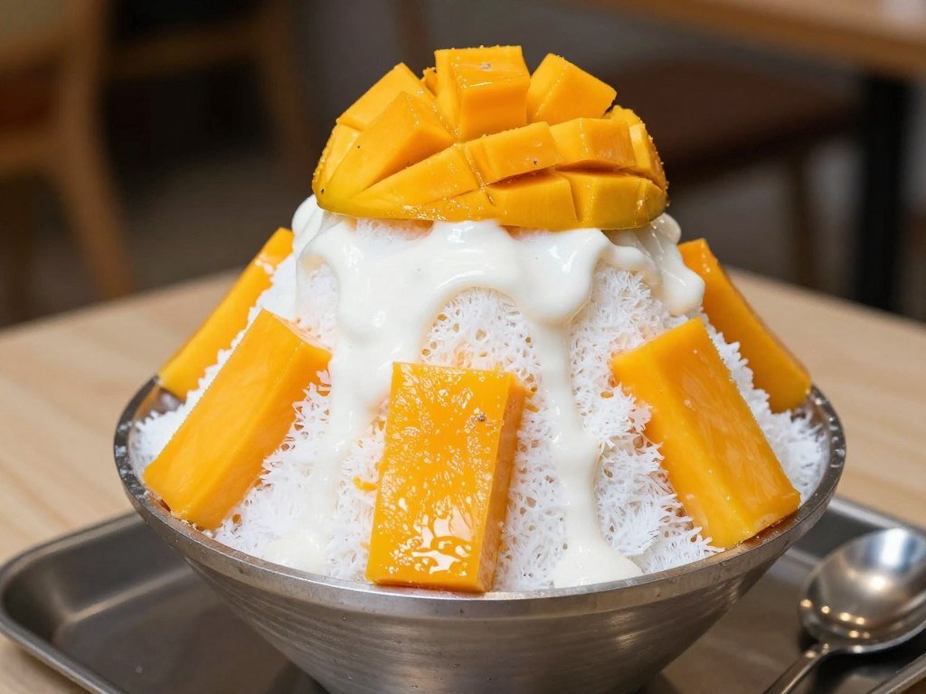 Mango shaved ice dessert piled high with fresh fruit Mango shaved ice dessert piled high with fresh fruit