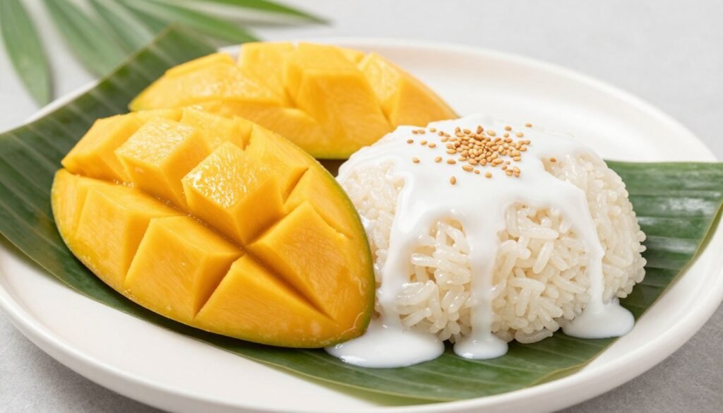 Mango sticky rice dessert with coconut cream and sesame seeds