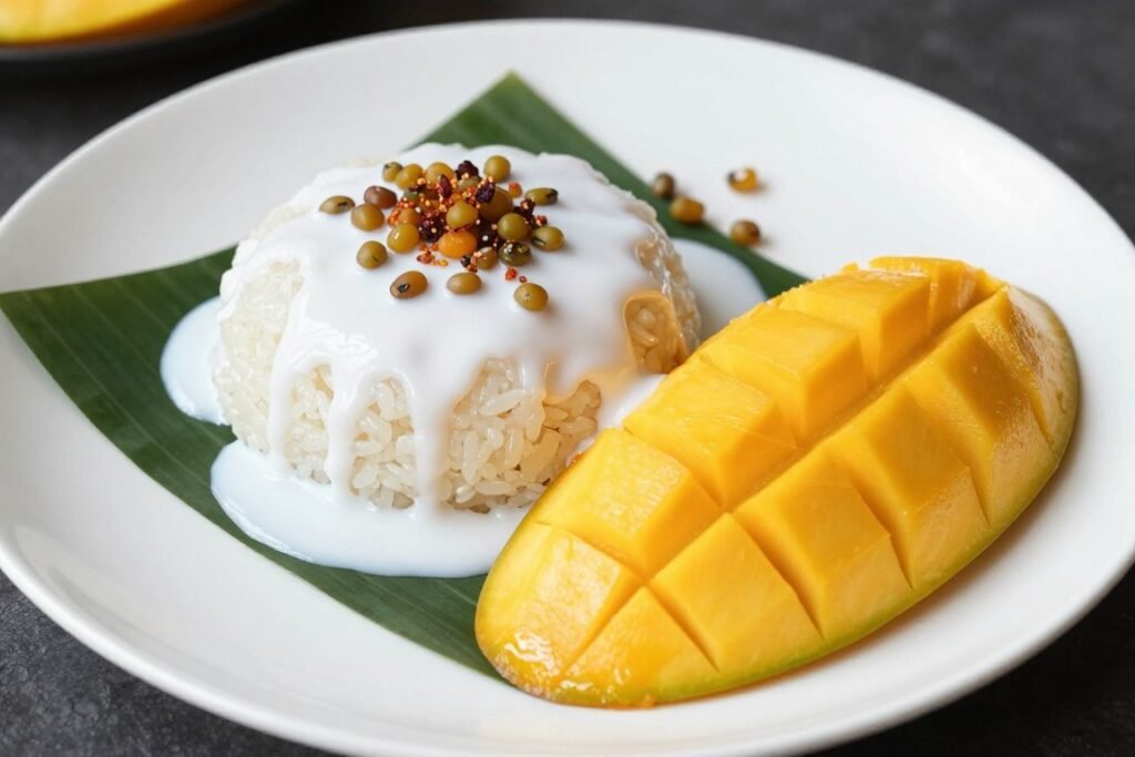 Mango sticky rice dessert with ripe yellow mango slices, coconut cream and sweet sticky rice showing popular Bangkok street food dessert