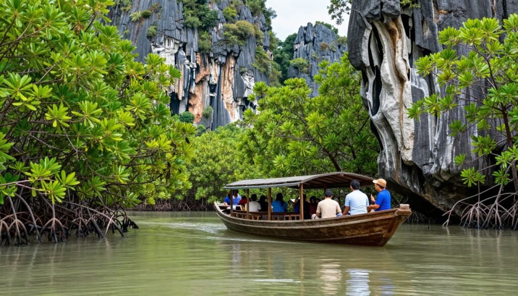 Mangrove forest tour in Langkawi with limestone cliffs