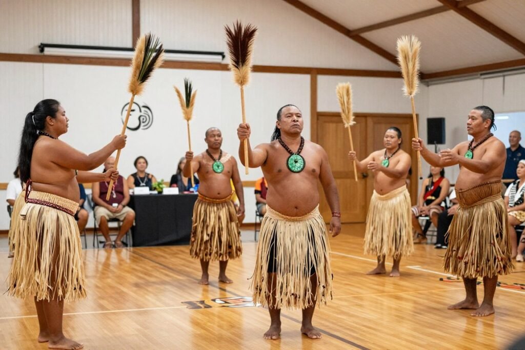 Maori cultural performance with traditional dress and instruments