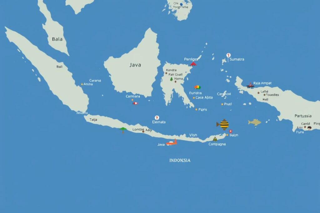Map of Indonesia highlighting top tourist destinations including Bali, Java, and Komodo - Indonesia travel guide
