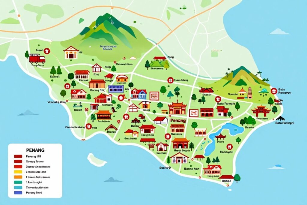 Map of Penang highlighting main tourist areas and attractions