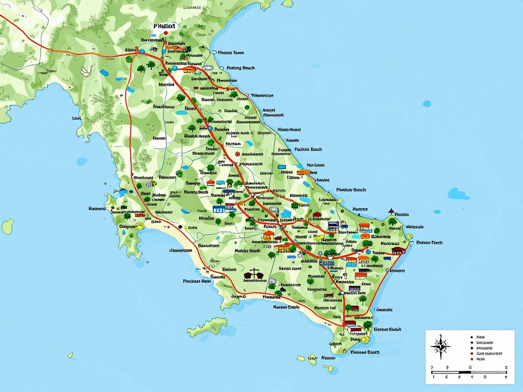 Map showing Phuket island location in Thailand and major beach areas