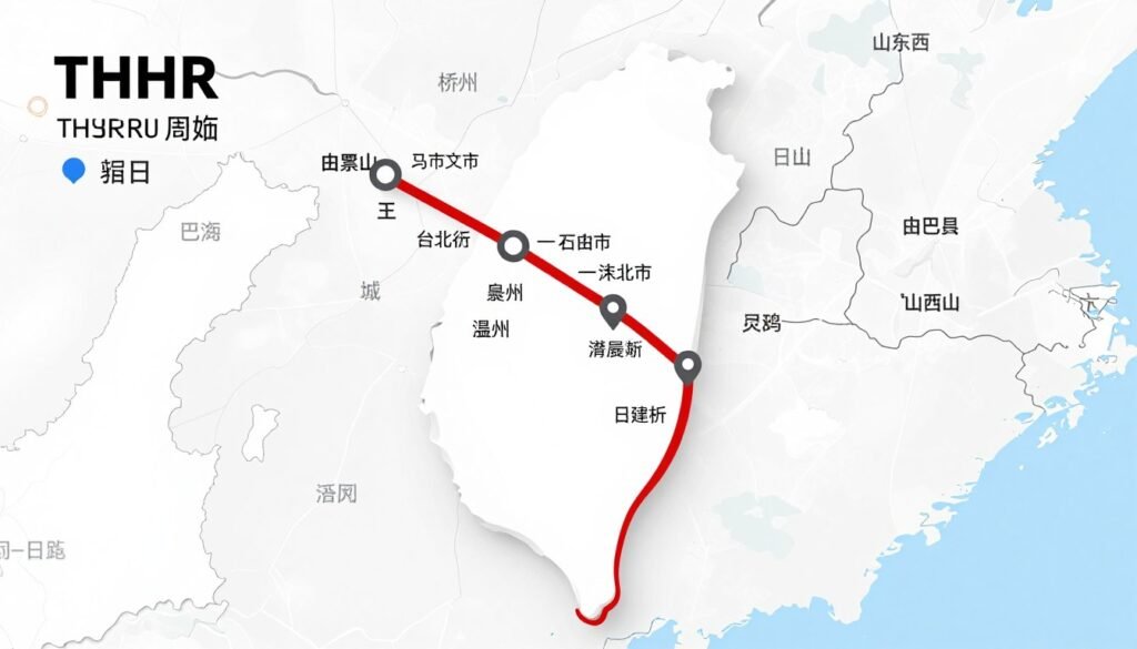 Map showing Taiwan High-Speed Rail route along west coast with station markers