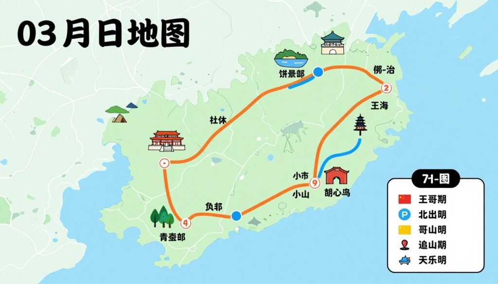 Map showing three-day Jeju Island route with marked attractions