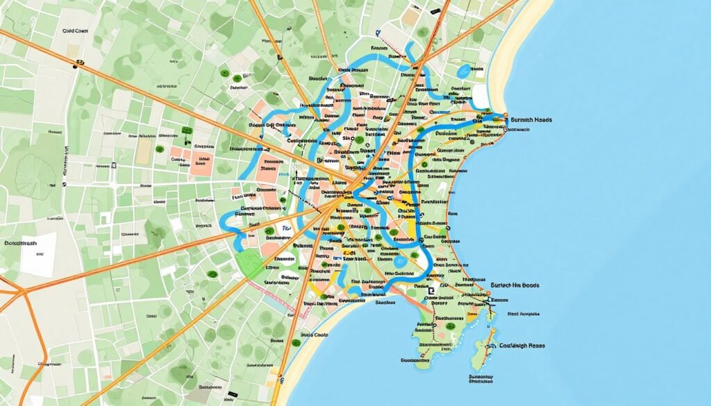 Map view of Gold Coast showing main areas from Southport to Coolangatta