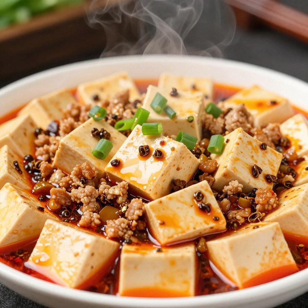 Mapo tofu dish with ground pork and tofu in spicy sauce