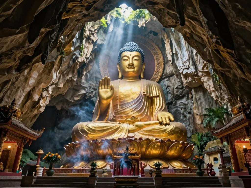 Marble Mountains cave temple with Buddha statue and natural light streaming through opening
