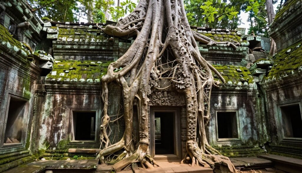 Massive tree roots engulfing Ta Prohm temple ruins in Angkor