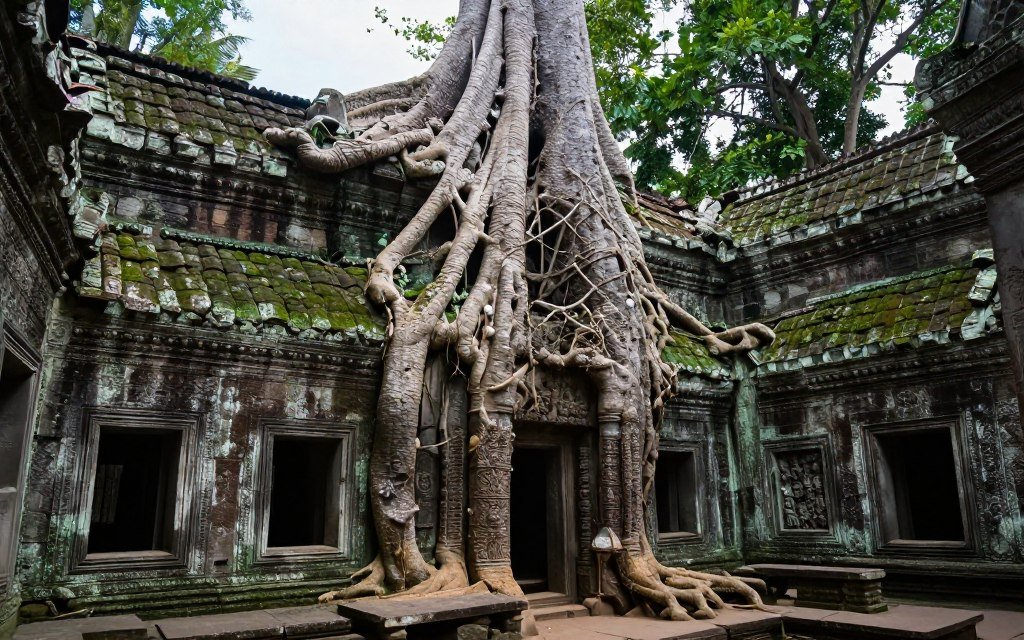 Massive tree roots growing over Ta Prohm temple ruins Massive tree roots growing over Ta Prohm temple ruins