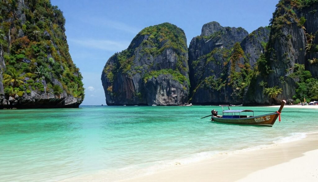Maya Bay Thailand with limestone cliffs surrounding turquoise lagoon Maya Bay Thailand with limestone cliffs surrounding turquoise lagoon